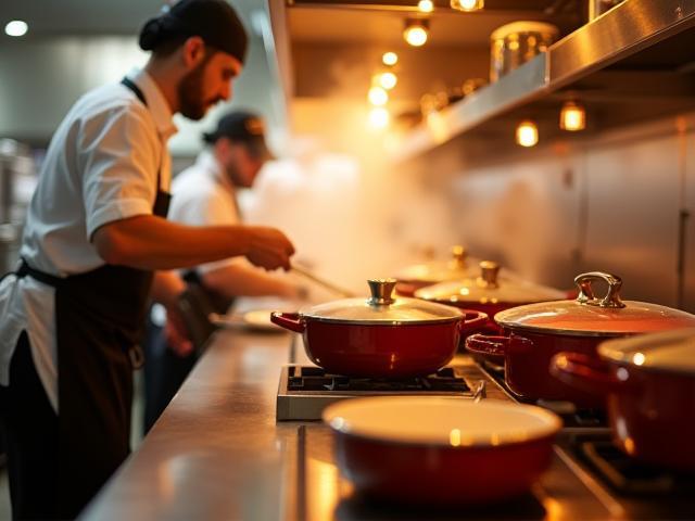 Partnering restaurant kitchen outfitted with custom cookware