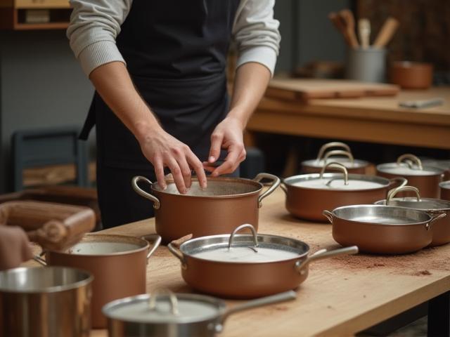 Gourmet kitchenware production process with skilled artisans